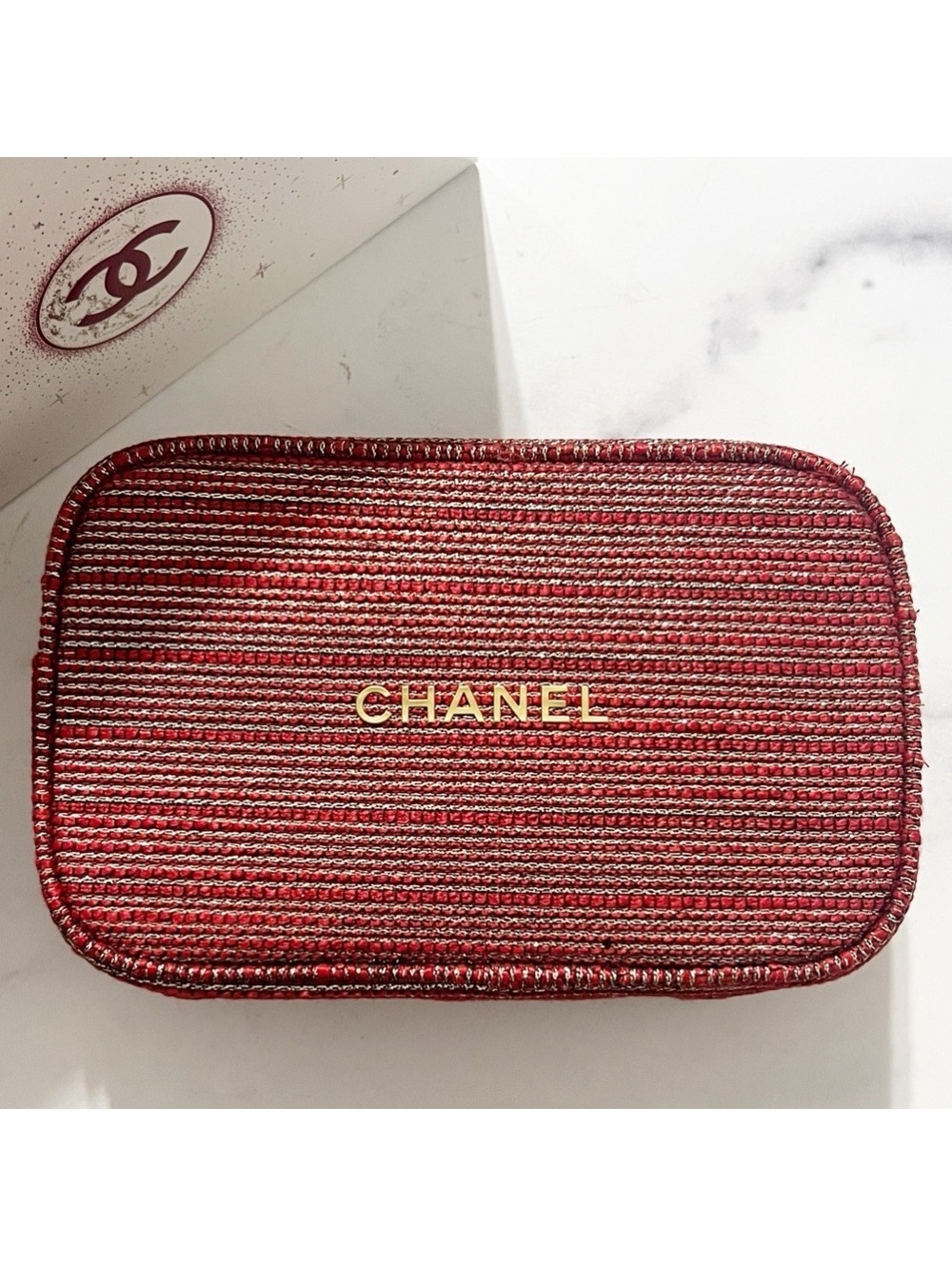 Chanel Limited Edition Cosmetic Bag in Red & Gold Tweed, NEW in Box